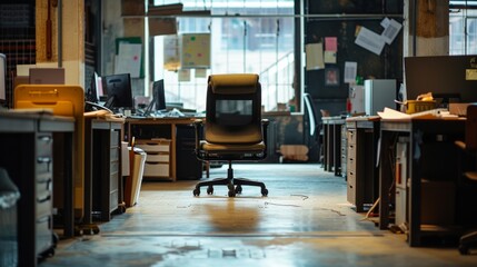 Abandoned office floor with no workers and scattered office supplies due to business failure.