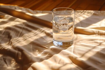 Digital rendering expressing solitude and stillness with a water glass on a simulated bedsheet