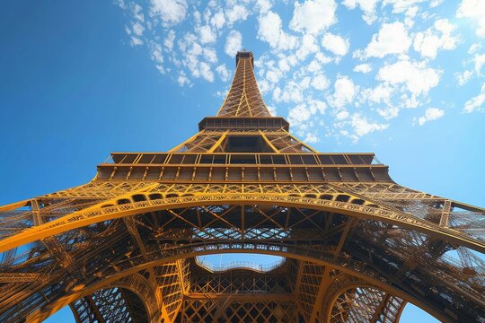 Unique perspective of the Eiffel Tower against the blue sky highlights its geometric patterns and details