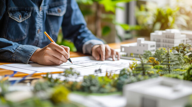 Green urban design architect sketching solutions for a housing development with models and blueprints.
