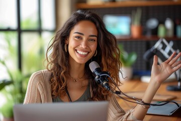 Young female podcaster with a beaming smile, welcoming listeners in a professional recording studio