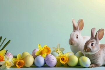 Fototapeta na wymiar Easter pastel background with colorful easter eggs,rabbit and daffodils,