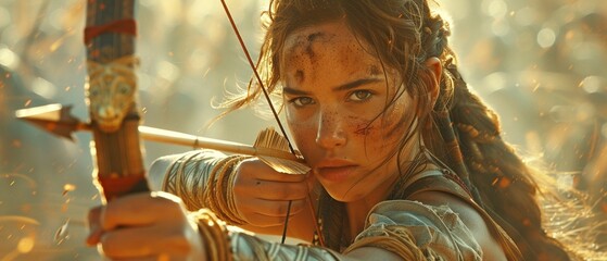 With a bow and arrows, Amazon is a girl-warrior. - obrazy, fototapety, plakaty