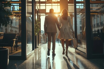 A back view of a couple leaving a modern building, bathed in the warm glow of the golden hour