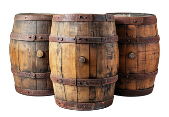Obraz premium Three wooden barrels isolated on transparent background