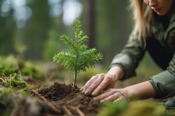 Close-up of hands gently planting a small evergreen tree, symbolizing growth, care, and environmental conservation