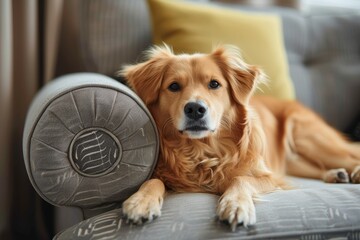 A Golden Retriever lies on a couch with a cushion, with a look of contentment and ease