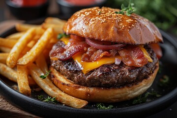 A close-up image highlighting the succulent bacon burger with cheddar cheese and a serving of crispy fries