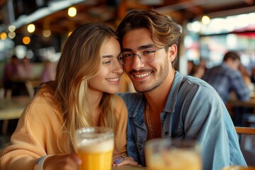 A happy couple smiling and sharing a moment, with glasses of beer, in a vibrant bar setting - obrazy, fototapety, plakaty