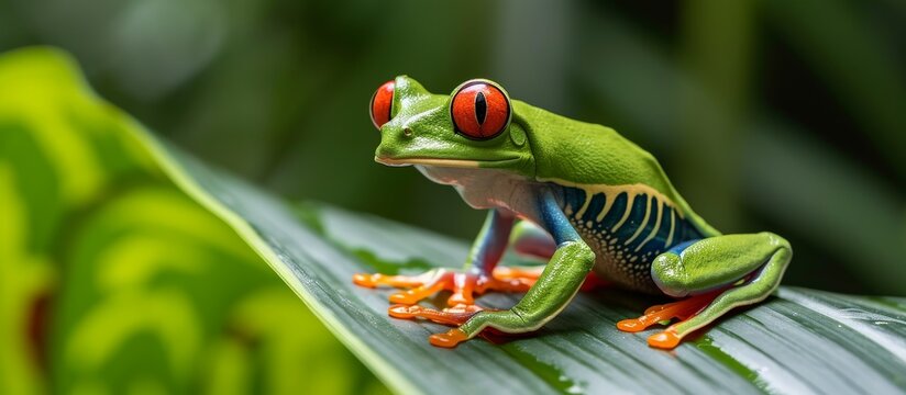 Red Eyed Amazon Tree Frog photographed on a palm leaf.