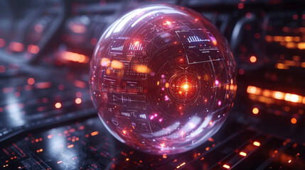 A futuristic visualization of a digital credit card and loan management system represented by a sleek metallic orb. Inside the orb holographic screens display realtime data