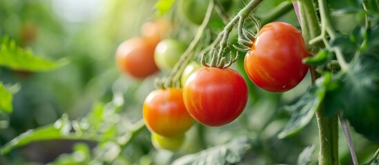 Plump tomatoes, cherry tomatoes, and bush tomatoes are growing on a vine in a greenhouse. These...