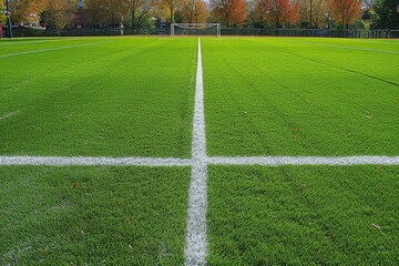 A soccer field with a prominent white line marking and bright green turf showcasing the playing area