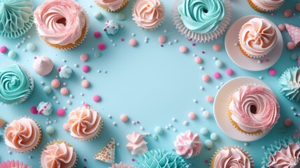 A delightful collection of cupcakes and sweets arranged around an empty space on a blue backdrop for a birthday setup.