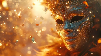 Carnival masquerade mask in dazzling colors against a golden bokeh backdrop - obrazy, fototapety, plakaty