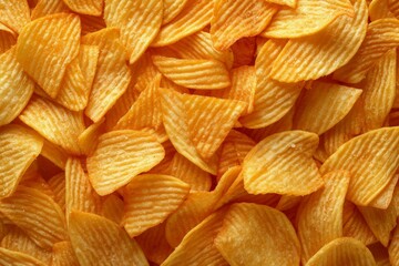 A vibrant, textured pile of golden yellow crinkle-cut potato chips, highlighting their irresistible...