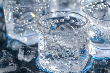 Detailed image of a cold, sparkling water glass surrounded by ice, highlighting the concept of freshness and coolness