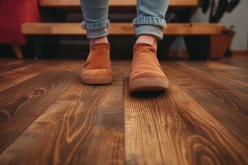 Stylish orange suede boots stepping on polished wooden floor evoking an urban vibe