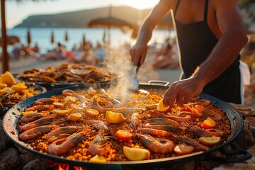 Vibrant close-up photo of someone preparing a large pan of seafood paella outside, evoking a sense of tradition and festivity