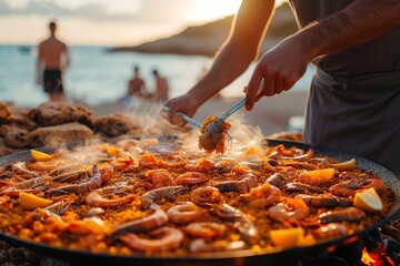 Warm evening lighting highlights a person serving fresh seafood paella, capturing the essence of an outdoor dining experience - obrazy, fototapety, plakaty