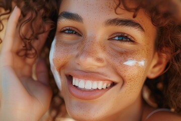 Close-up of a happy young woman smiling applying skincare cream on her cheek