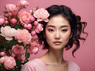 beautiful fashion portrait of young woman flowers
