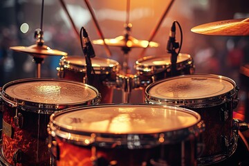This professionally arranged drum set basks in the glow of warm stage lighting, ready for a vibrant live music performance with its shiny cymbals and drumsticks in place