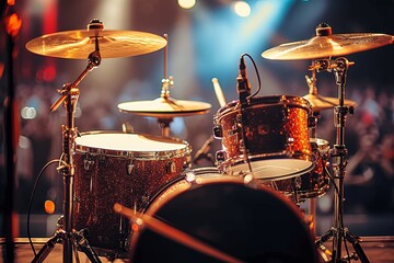 A glimmering professional drum set with cymbals captured in a stage-like setting with vivid bokeh...