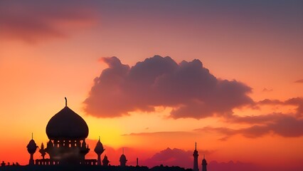 Obraz premium Silhouette of a mosque on a background of sunrise.