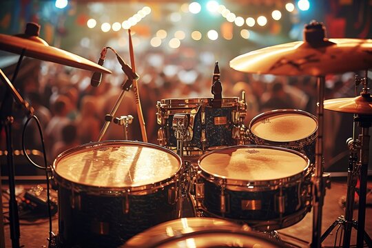 A unique perspective of a drum set from behind, looking out at the concert stage lights and audience, capturing the drummer's view during a live performance