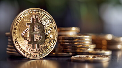 Big Bitcoin coin in front of Stack of Bitcoin Gold Coin on Black Background. scene set with technology visual effect low opacity in foreground.