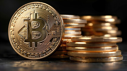 Big Bitcoin coin in front of Stack of Bitcoin Gold Coin on Black Background. scene set with technology visual effect low opacity in foreground.