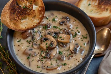 Rustic homemade mushroom soup served in a bowl with toasted bread on a wooden table, perfect for a heartwarming meal