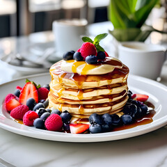A Background with Restaurant, Honey, Pan cakes, berries, strawberries