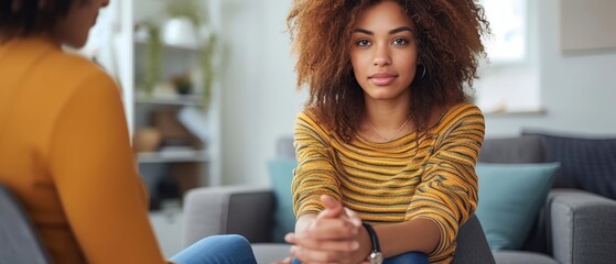 Warm and friendly interaction between two women having a casual conversation in a cozy living room setting