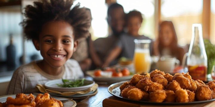 Close-up of a happy young boy at a table with a platter of food, exuding warmth and happiness