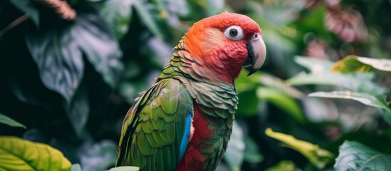 Obraz premium A vibrant red and green parrot is perched on a tree branch, showcasing its colorful feathers and beak against the green backdrop of the terrestrial plant