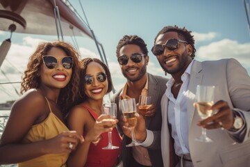 Friends toasting with champagne on a sunny yacht outing - obrazy, fototapety, plakaty