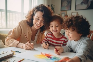 Mother teaching children to paint, sharing a joyous creative moment - obrazy, fototapety, plakaty