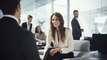 Professional woman in a bright office, engaging in conversation