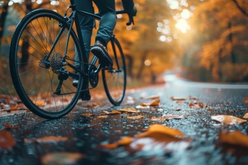 Biker, man riding a bicycle on a road in evening, activity save energy - obrazy, fototapety, plakaty