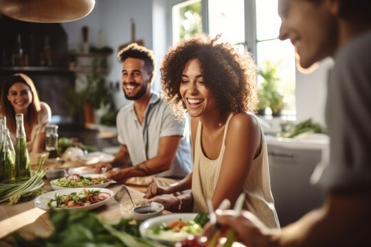 Group of friends sharing a meal and laughter in a bright kitchen - Powered by Adobe