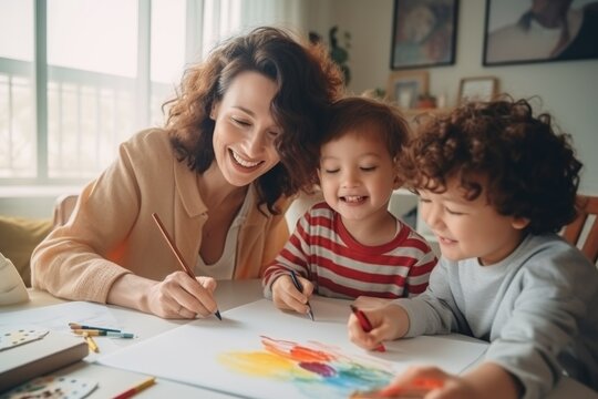 Mother teaching children to paint, sharing a joyous creative moment