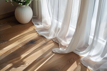 Fototapeta na wymiar Soft sunlight filtering through sheer curtains in a tranquil room setting