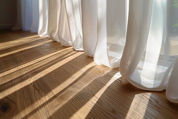 The image captures the interplay between light and shadows created by the sun filtering through sheer white curtains on a wooden floor - obrazy, fototapety, plakaty