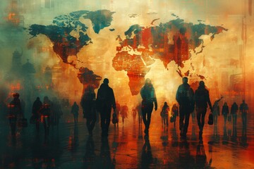 Silhouetted people before a luminous global map - obrazy, fototapety, plakaty