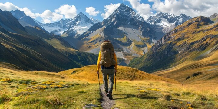 Travel Adventures: Exciting image of a person exploring a breathtaking mountain landscape, inspiring wanderlust