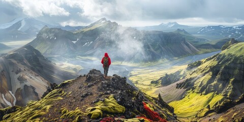 Travel Adventures: Exciting image of a person exploring a breathtaking mountain landscape, inspiring wanderlust - obrazy, fototapety, plakaty