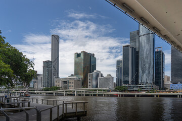A view of the Brisbane skyline along the Brisbane River, from under Victoria Bridge