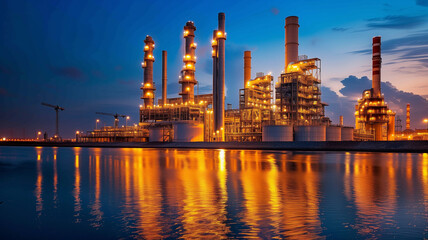 Obraz premium Gas turbine electrical power plant at evening, power for factory energy beside the river.